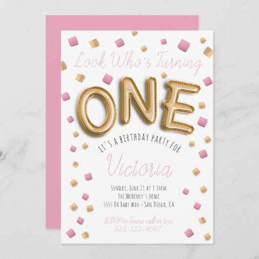 金モダン箔バルーン1歳の誕生日招待状 招待状 (正面/裏面)