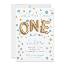 金モダン箔バルーン1歳の誕生日招待状