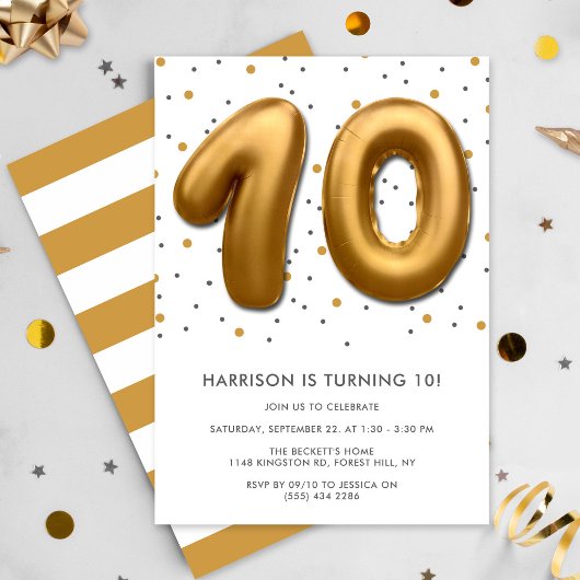 金モダン箔バルーン10誕生日 招待状