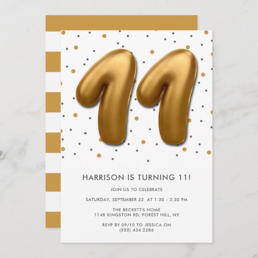 金モダン箔バルーン11誕生日 招待状 (正面/裏面)