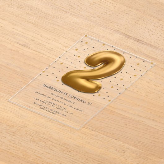 金モダン箔バルーン2回目の誕生日 アクリル招待状 (レイダウン)