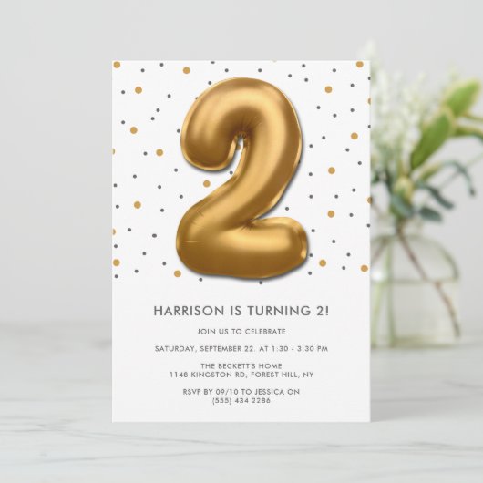 金モダン箔バルーン2回目の誕生日 招待状 (スタンド正面)