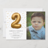 金モダン箔バルーン2ndバースデーフォト 招待状 (正面)