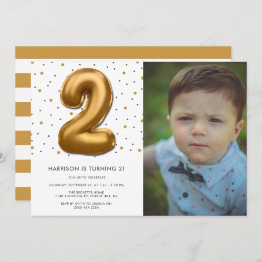 金モダン箔バルーン2ndバースデーフォト 招待状 (正面/裏面)