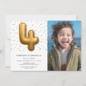 金モダン箔バルーン4thバースデーフォト 招待状 (正面)