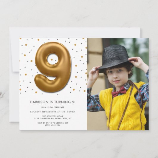 金モダン箔バルーン9誕生日写真 招待状 (正面)