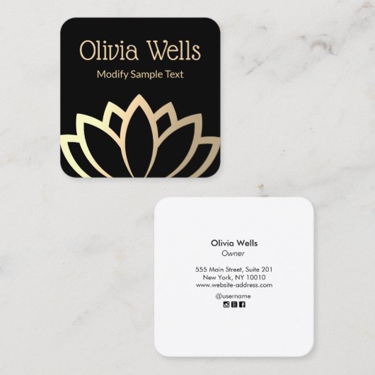 金モダン箔フェイクロータスフラワーブラック スクエア名刺 (正面/裏面)