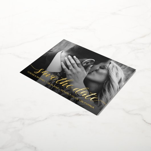 金モダン箔フォトの日付を保存結婚する 箔招待状ポストカード (回転した状態)