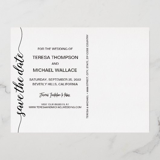 金モダン箔フォトの日付を保存結婚する 箔招待状ポストカード (裏面)