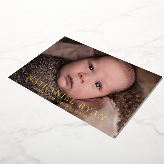 金モダン箔男の赤ちゃん写真誕生発表 箔招待状 (回転した状態)