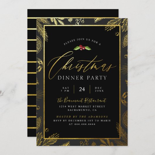 金モダン箔&ブラッククリスマスディナーパーティー 招待状 (正面/裏面)