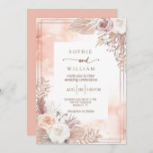金モダン色ライトピンクバラ結婚ズ 招待状 (正面/裏面)