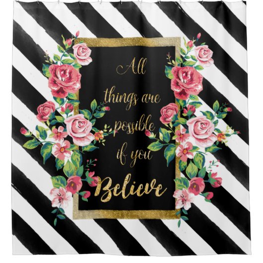 金モダン色引用文 シャワーカーテン (正面)