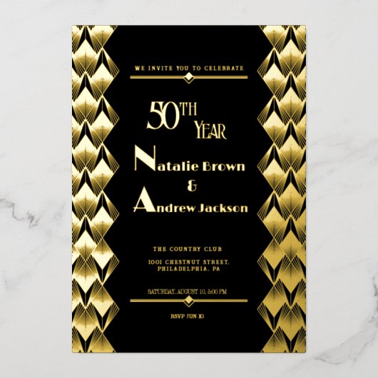 金モダン金50周年記念レトロお祝い 箔招待状 (正面)