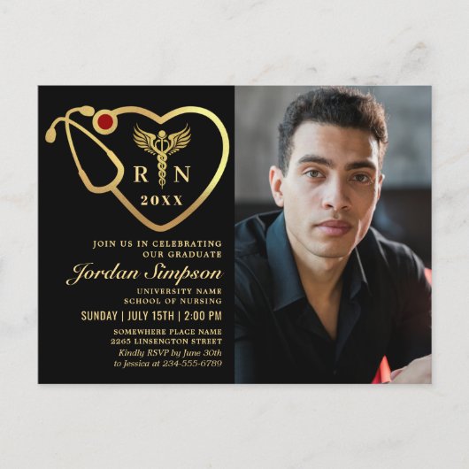 金モダン額PHOTO看護卒業招待状 ポストカード (正面)