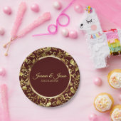 金モノグラムの属金ゴールドダマスク及びブラウン円 ペーパープレート (パーティー)