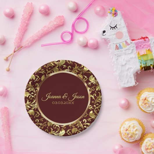 金モノグラムの属金ゴールドダマスク及びブラウン円 ペーパープレート (パーティー)