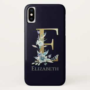 金モノグラムイニシャルE青いバラの花 フラワーモチーフ 名前入り iPhone X ケース