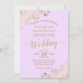 金レース ラベンダー パープル エレガント カリグラフィー ウェディング 招待状 (正面)