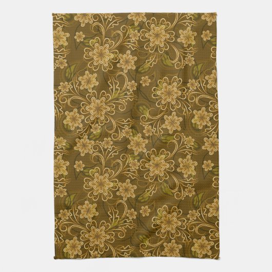 金ヴィンテージの花柄パターン キッチンタオル (縦)