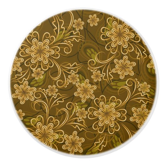 金ヴィンテージの花柄パターン セラミックノブ (正面)