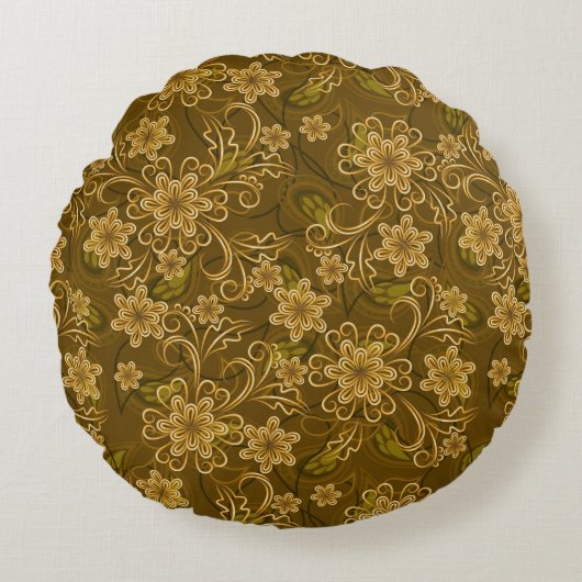 金ヴィンテージの花柄パターン ラウンドクッション (正面)