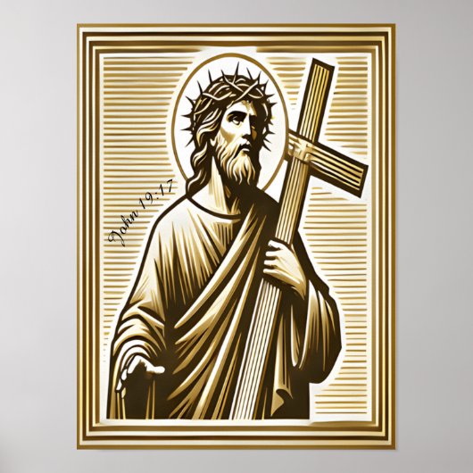 金十字架を思いやりに抱くイエス ポスター (正面)