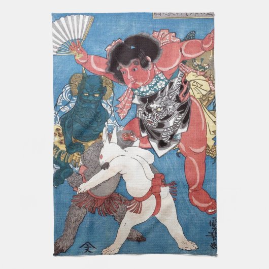 金太郎と動物、国芳Kintaro及び動物、Kuniyoshi、Ukiyo-e キッチンタオル (縦)