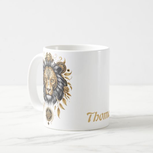 金威厳のあるの獅子の頭に黒い牡丹。 コーヒーマグカップ (正面左)