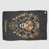 金威厳のあるの獅子の頭に黒い牡丹。 ゴルフタオル (横)