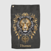 金威厳のあるの獅子の頭に黒い牡丹。 ゴルフタオル (正面)