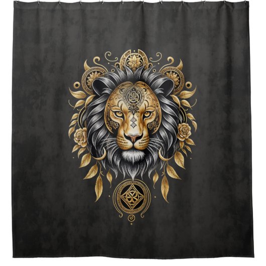 金威厳のあるの獅子の頭に黒い牡丹。 シャワーカーテン (正面)