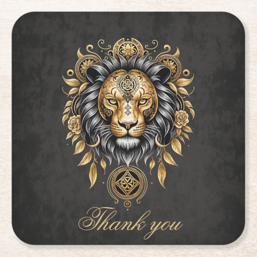 金威厳のあるの獅子の頭に黒い牡丹。 スクエアペーパーコースター (正面)
