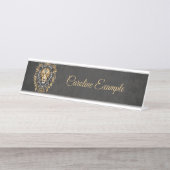 金威厳のあるの獅子の頭に黒い牡丹。 デスクネームプレート (正面)