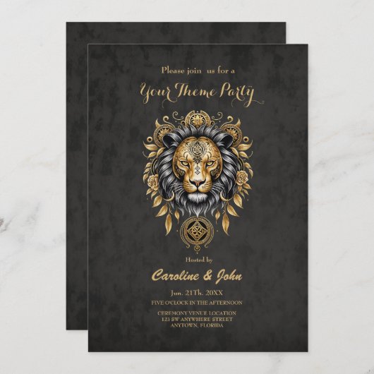 金威厳のあるの獅子の頭に黒い牡丹。 招待状 (正面/裏面)