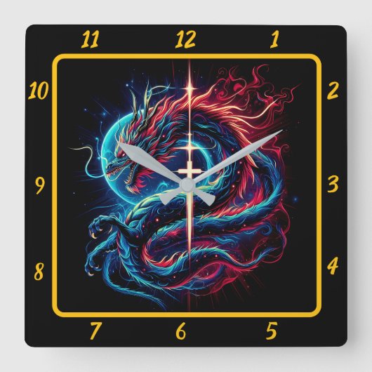 金威厳のある十字の竜 スクエア壁時計 (正面)
