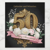 金婚式のお祝いに輝く50 フローラル ゴールド ワインラベル (シングルラベル)