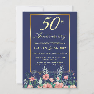 金婚式のお祝い ネイビーブルー ゴールド フラワー 50周年記念の結婚記念日 招待状