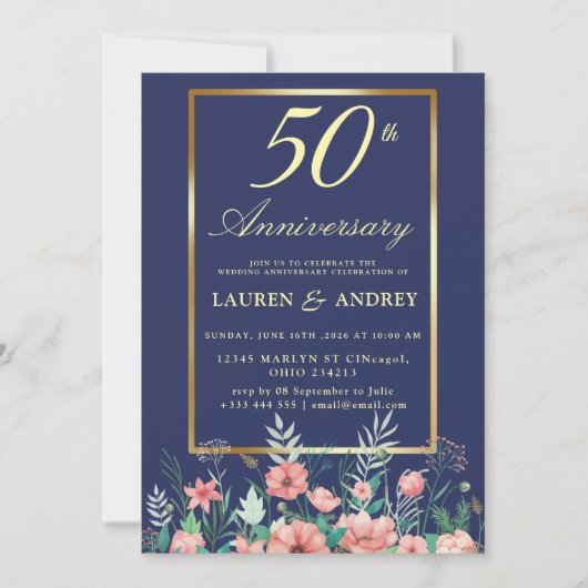 金婚式のお祝い ネイビーブルー ゴールド フラワー 50周年記念の結婚記念日 招待状 (正面)
