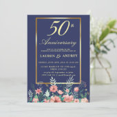 金婚式のお祝い ネイビーブルー ゴールド フラワー 50周年記念の結婚記念日 招待状 (スタンド正面)