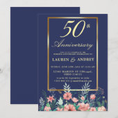 金婚式のお祝い ネイビーブルー ゴールド フラワー 50周年記念の結婚記念日 招待状 (正面/裏面)