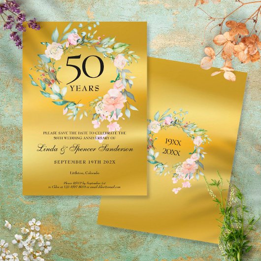 金婚式50周年記念 ゴールド箔押しフラワー セーブザデート