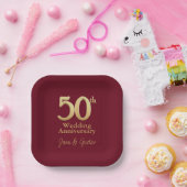 金婚式 | 金ゴールドレタリングブルゴーニュ ペーパープレート (パーティー)