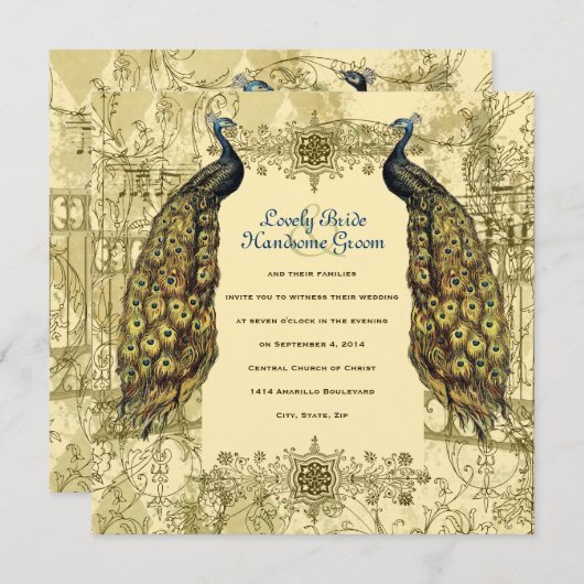 金孔雀の華美なヴィンテージの結婚式招待状 招待状 (正面/裏面)