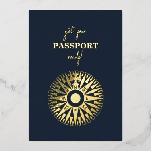 金実在箔の結婚パスポートコンパス結婚ズ 箔招待状 (正面)