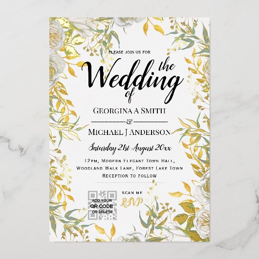 金実在箔の緑の写真QRコード結婚s 箔招待状 (正面)