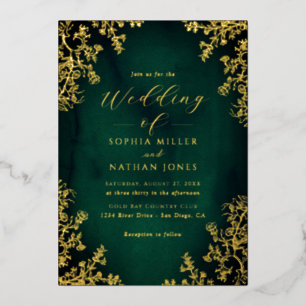 金実在箔エメラルドフローラレーススクリプ結婚ト 箔招待状