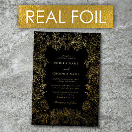金実在箔エレガントフローラブラック金ゴールド結婚ズ 箔招待状