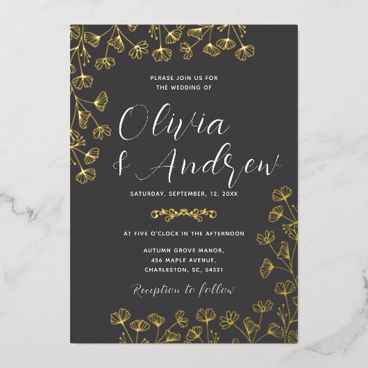 金実在箔エレガントブラック結婚ズ 箔招待状 (正面)