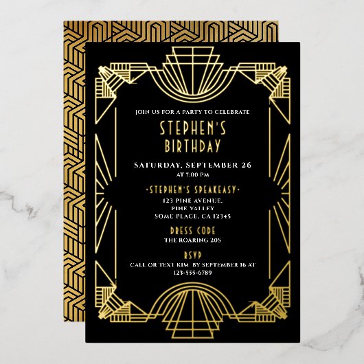 金実在箔ギャツビーRoaring 20s誕生日パーティー 箔招待状 (正面/裏面)
